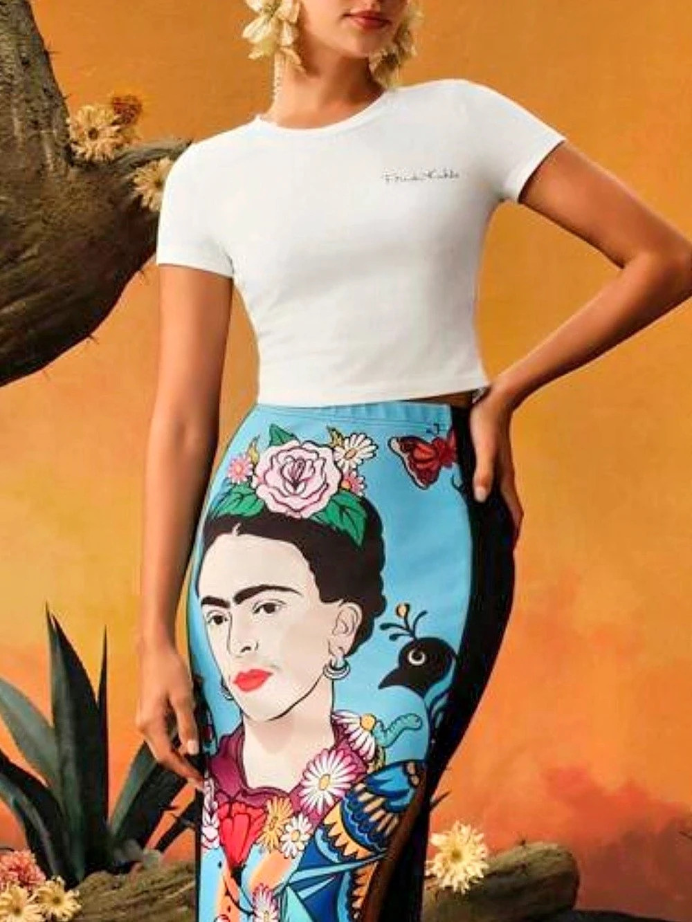 SHEIN Frida Kahlo X SHEIN Graphic Crop Top White & Black